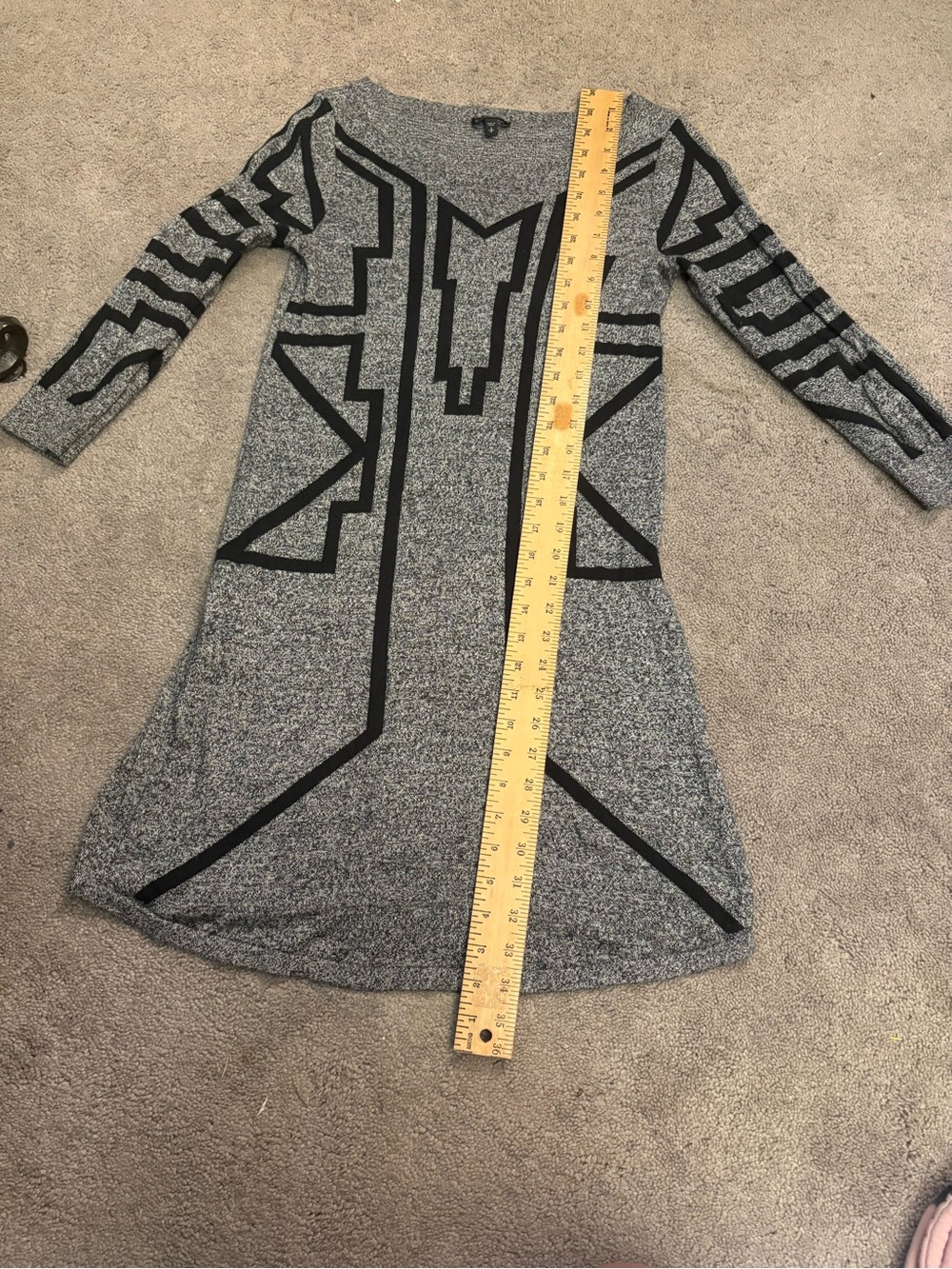 Express Gray Knit Long Sleeve Dress with Black Geometric Trim